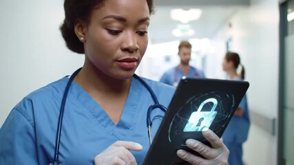 Attentive Black Nurse Securing Data on Tablet in Blue Scrubs Eye Level in a Bright Hospital Hallway Padlock Symbol for Health Information Protection - Powered by Adobe