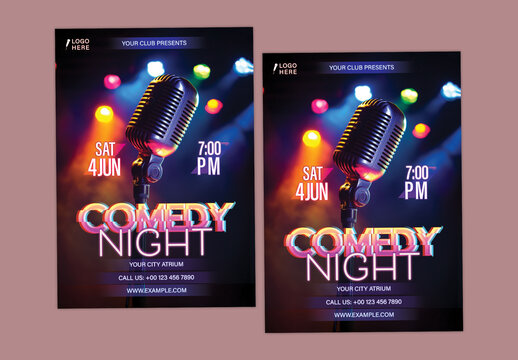 Editable Comedy Night Advertisement Flyers for Social Media and Club Event Promotion.