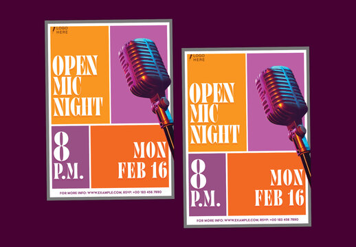 Open Mic Night Flyers with Color Block Layout and Retro Microphone for Live Performance Event.