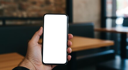 Hand holding phone showing connectivity and communication, with blank white screen