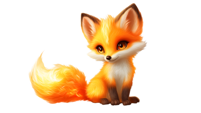 A baby fire fox with ultra-detailed glowing orange fur isolated on transparent bg