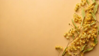 Dried linden blossoms on a soft pastel wheat-colored surface, gently curved one side