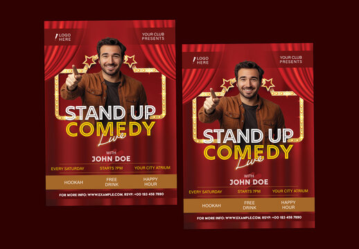 Live Stand-Up Comedy Show Editable Flyers with Male Performer for Social Media and Club Event Promotion.