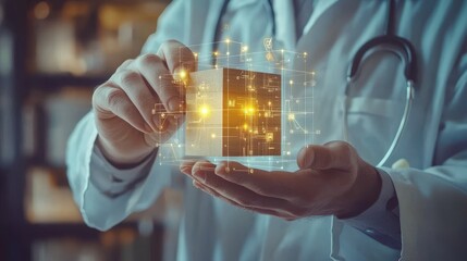 A doctor gently holds a glowing digital cube, representing advancements in medical technology and data analysis.  The warm light creates a hopeful atmosphere.