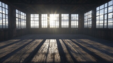 Sunlit Rustic Room with Large Windows and Wooden Floor