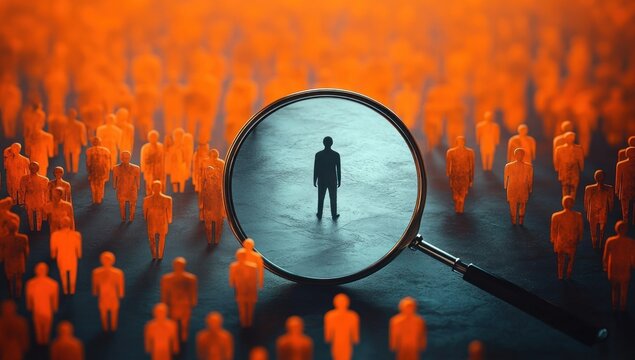 Magnifying glass focusing on a single dark figure among a crowd of numerous orange human silhouettes symbolizing search or identification