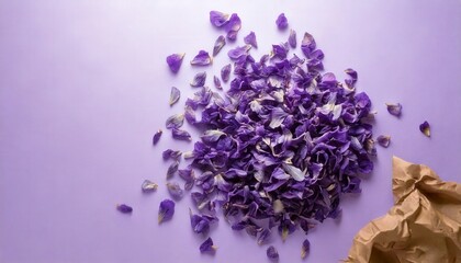 Dried violet petals on a pale lavender pastel surface with elegant top view styling