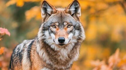 Fototapeta premium Close-up portrait of a magnificent wolf in autumn foliage.