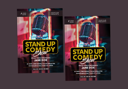 Stand-Up Comedy Show Flyer with Neon Typography and Vintage Microphone on Club Stage Background, Editable Design.