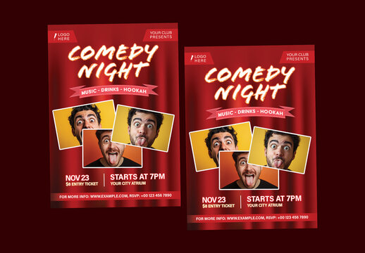 Funny Comedy Night Flyers with Silly Male Comedian Photos and Club Event Details for Entertainment Promotion, Editable Design.