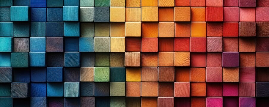 Close-up view of colorful wooden blocks arranged in a gradient pattern from blue and green to orange and red