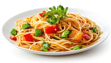 A plate of pasta with vegetables.  A hearty, colorful pasta dish with spaghetti, bell peppers, and peas. Topped with grated cheese and fresh parsley