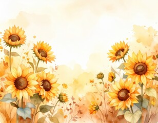 Obraz premium A vibrant watercolor background featuring a field of sunflowers, showcasing their bright yellow petals and green leaves, perfect for cheerful designs.