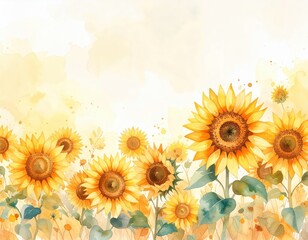 A vibrant watercolor background featuring a field of sunflowers in full bloom, with rich yellows and greens blending seamlessly, evoking warmth and joy.