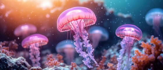 Underwater scene with glowing pink jellyfish floating gracefully among coral reefs with soft sunlight filtering through water