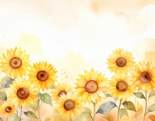 Obraz premium A vibrant watercolor painting featuring a field of sunflowers, their golden petals radiating warmth against a soft, blended blue and green background.
