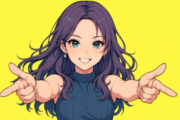 アニメスタイルの女性が指を指し示すイラスト、明るい背景