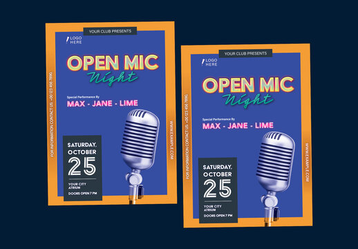 Open Mic Night Flyers with Vintage Microphone for Live Performance Event, Editable Design.