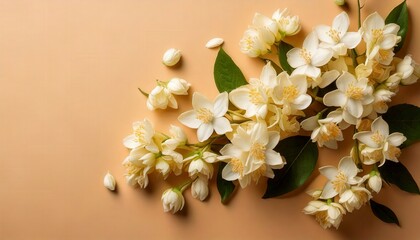Soft jasmine buds placed on a warm ivory background, one-sided natural arrangement