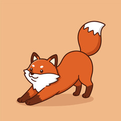 A cute, orange fox stretches its body with its tail up.