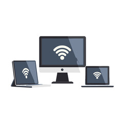 Wifi connection. devices with wi fi icon. Laptop, mobile phone, monitor, tv, tablet wi-fi connected with each other. Flat vector design