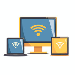 Wifi connection. devices with wi fi icon. Laptop, mobile phone, monitor, tv, tablet wi-fi connected with each other. Flat vector design
