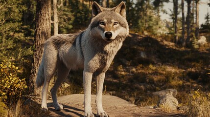 Obraz premium A gray wolf stands alert in a forest setting.