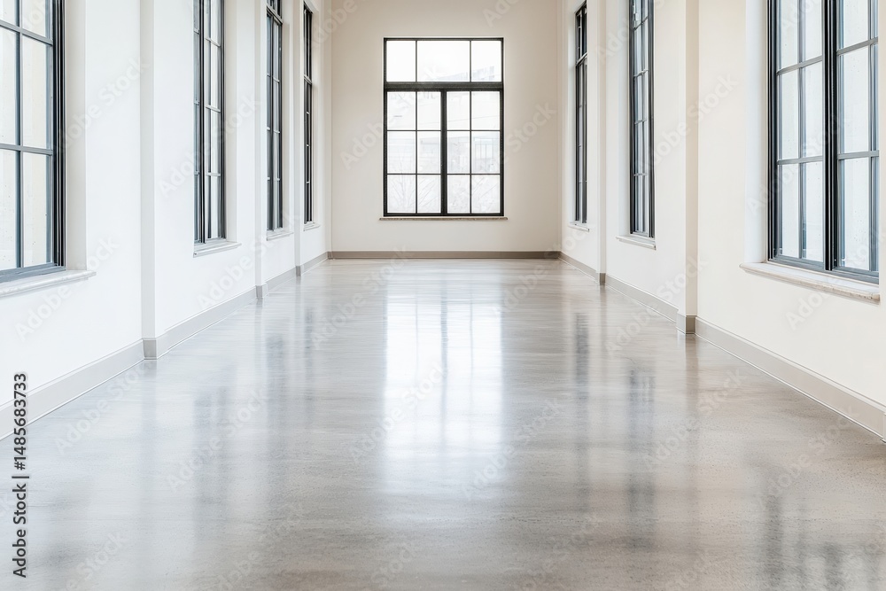 Poster empty modern hallway with polished concrete floor and large windows