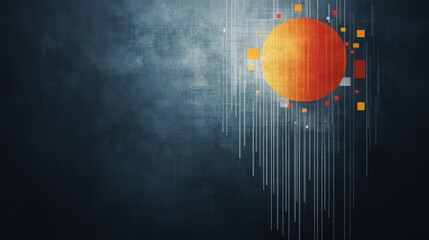 A vibrant abstract image featuring a large orange circle against a textured dark background, with colorful geometric shapes and vertical lines radiating outward.
