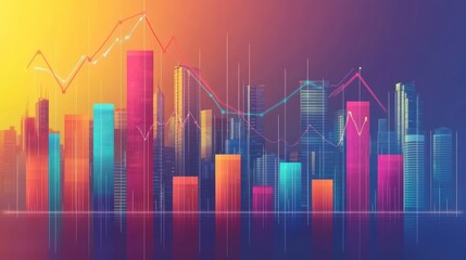 Naklejka premium Vibrant Cityscape with Dynamic Growth Charts