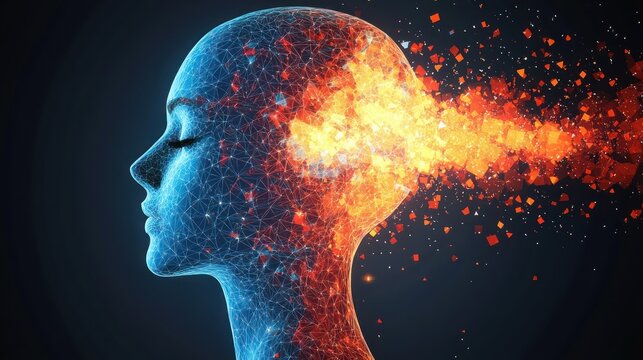 Digital wireframe profile of a human head with eyes closed, transitioning from blue network structure to fiery orange and red fragmented particles exploding outward