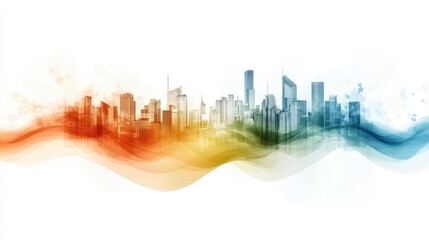 Obraz premium A colorful abstract skyline illustration featuring a blend of warm and cool tones, representing a modern cityscape with stylized buildings.
