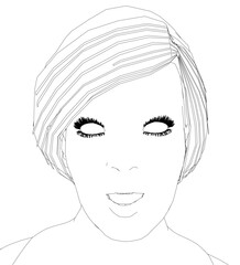 A woman's face is drawn in black and white. The hair is short and the eyes are closed. The woman's mouth is open, and her eyes are wide open. Scene is mysterious and somewhat eerie