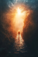 Person walking on stone path through misty forest, illuminated by warm sunlight breaking through trees, creating serene and mystical atmosphere