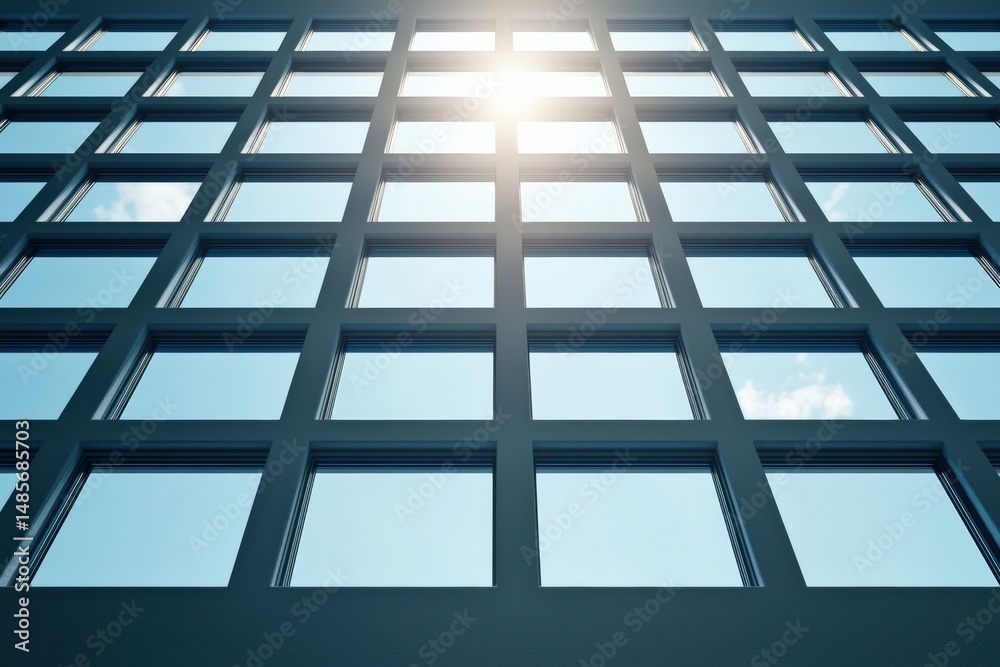 Poster Sunlight shining through grid of square windows in modern building