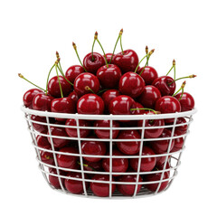 Fresh red cherries piled high in a white wire basket, set against a clean backdrop