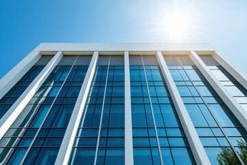Modern glass skyscraper reflecting sunlight and blue sky