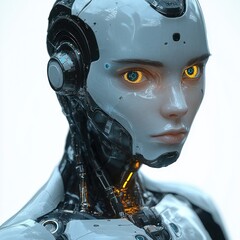 close-up of a futuristic humanoid robot with glowing orange eyes and a smooth metallic face conveying a sense of intelligence and calm focus