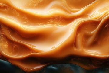Obraz premium Smooth flowing glossy caramel-colored abstract liquid shapes with soft golden highlights and dark contrasting areas creating a sense of fluid motion and warmth