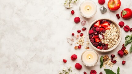 A beautifully arranged bowl of oatmeal topped with fresh berries, surrounded by fruits, candles, and decorative elements on a light surface.