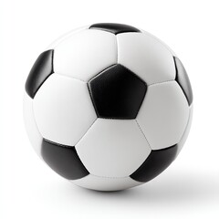 Soccer ball, black and white panels, isolated on white background.  A round, symmetrical sports equipment, featuring alternating black and white pentagonal panels, ideal for playing soccer