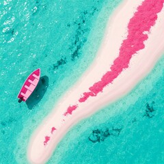 Obraz premium A 4K photo-realistic close-up of a pink boat on turquoise water with an aerial view of a pink sandbar, highlighting vibrant colors and smooth water texture.