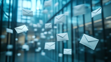 Floating emails against a blurred office background.