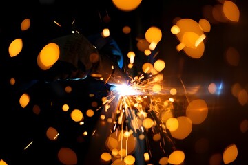 Obraz premium Hot Sparks Erupting During Plasma Cutting in a Dark Factory Environment