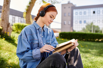 Enchanting red haired woman enjoying a book while listening to music in a sunny park