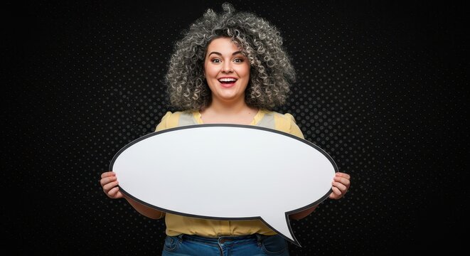The woman is holding a large white speech bubble. Visual Concept.