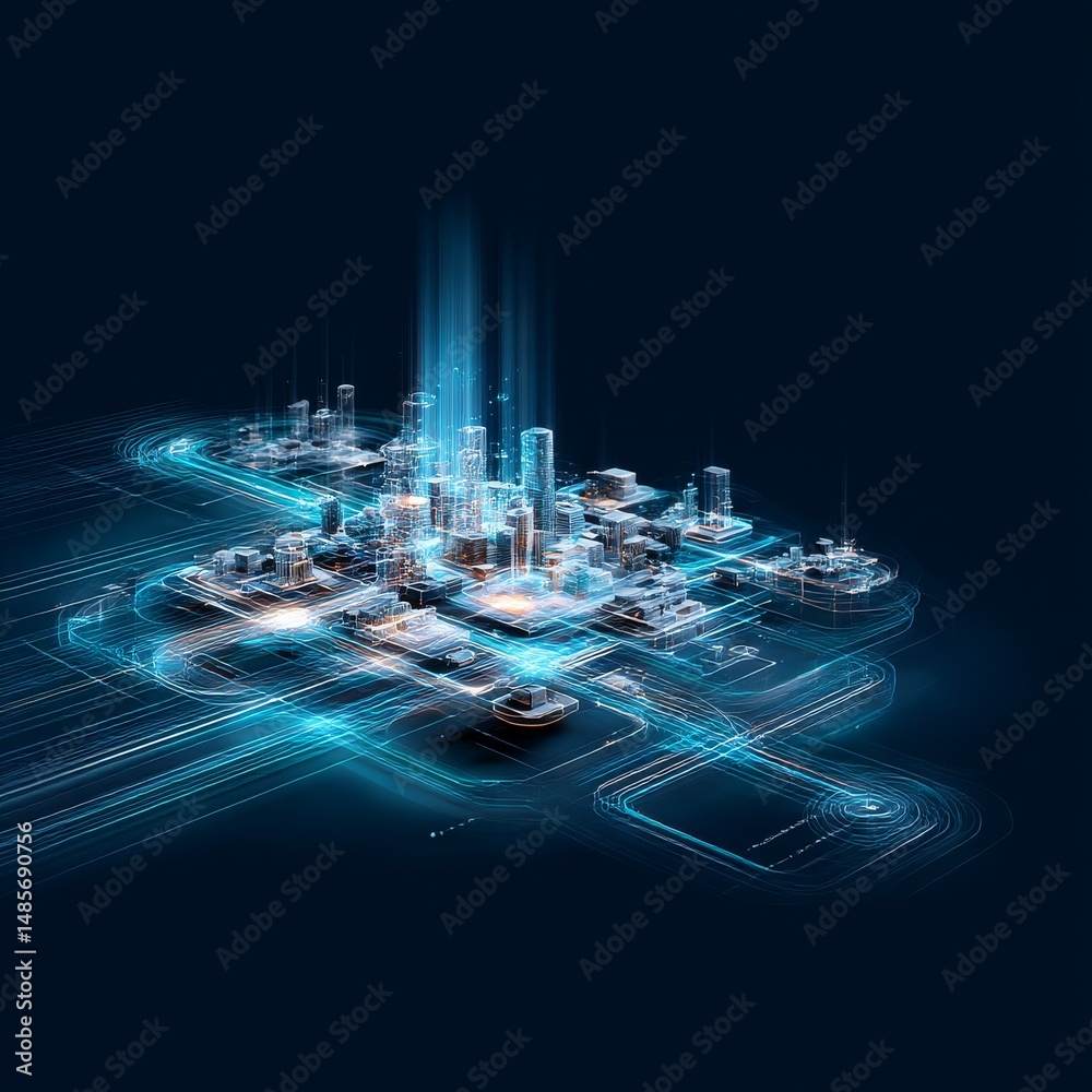 Poster futuristic cityscape with glowing data streams and geometric buildings: a vision of connected urban 