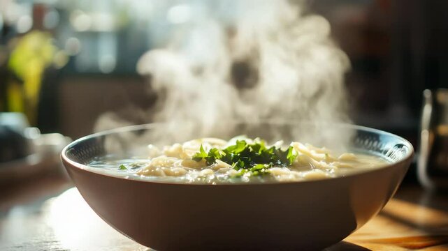Steaming bowl of miso soup with noodles