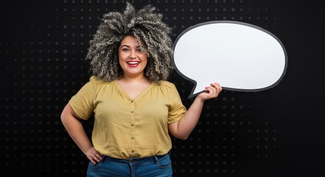 The woman is holding a large white speech bubble. Visual Concept.