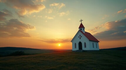 Serene Sunset Over Small Church on Hilltop with Cross Symbol